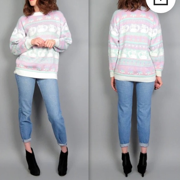 Vintage 80s Sparkle Cat Fairy Kei Sweater Pastel Pink Purple Kitty Kitten Kawaii - Picture 7 of 7